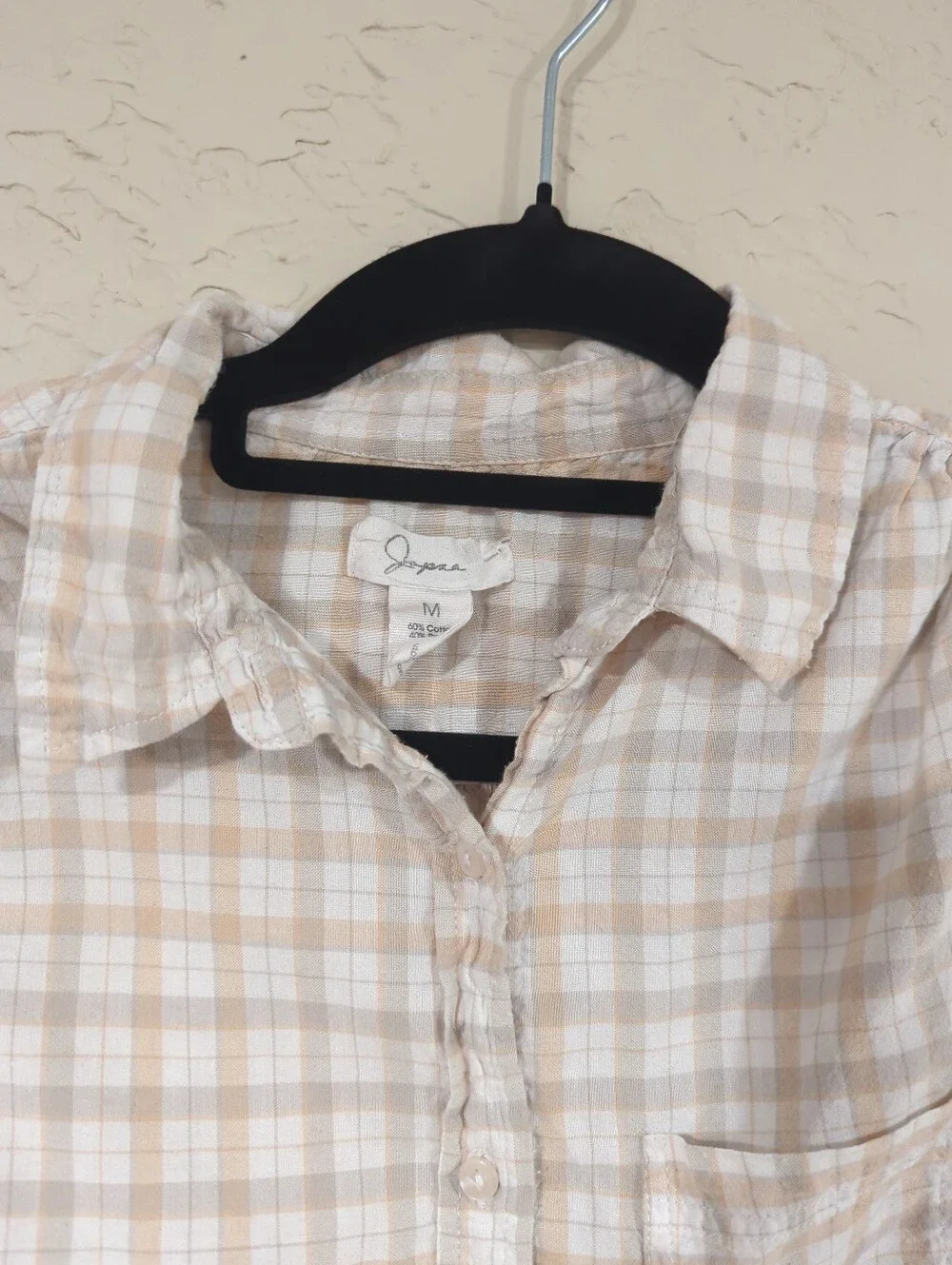 Japna White And Orange Check Plaid Short-Sleeve Button-Up Top - Women's Medium